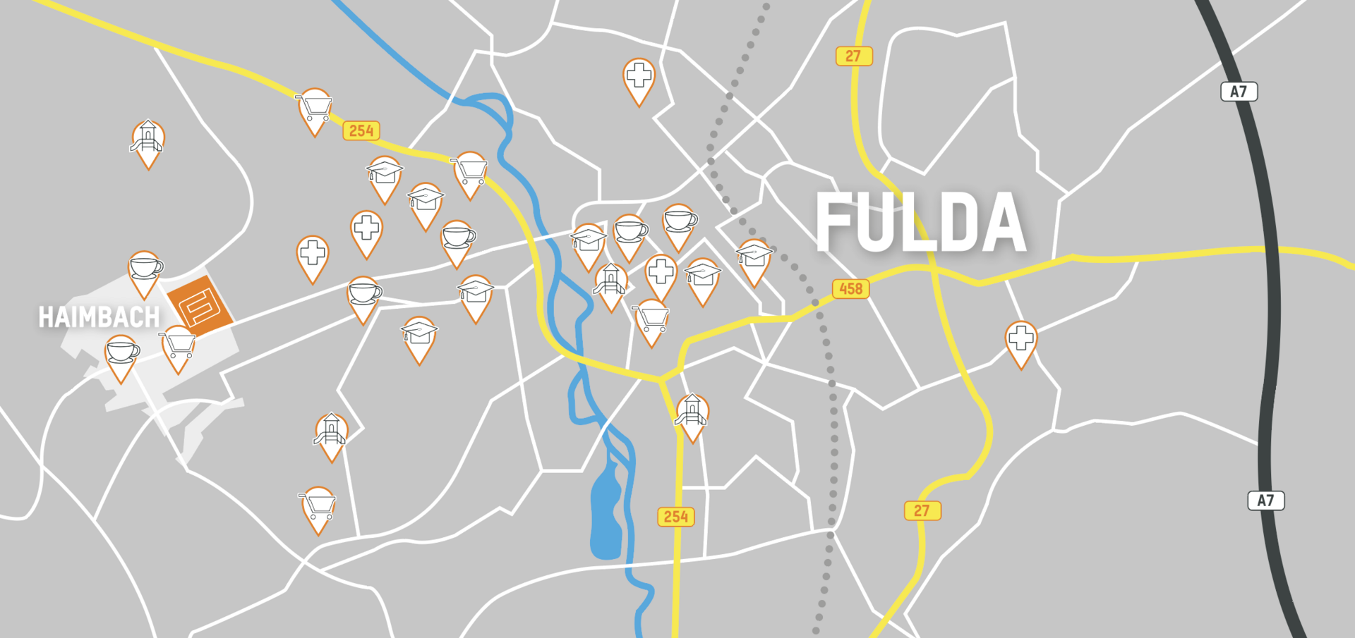 Gebietskarte mit Standortpins von Fulda